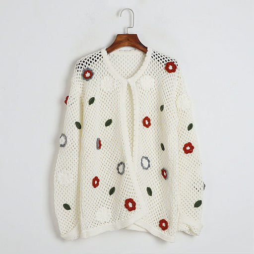 Color-White-Cutout Shawl Coat Autumn Winter Hand Crochet Three Dimensional Floral Idle Knitted Cardigan-Fancey Boutique