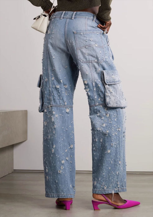 Color-Niche Design Jeans Light Blue Workwear Women Damaged Design High Waist Loose Hole Trousers-Fancey Boutique