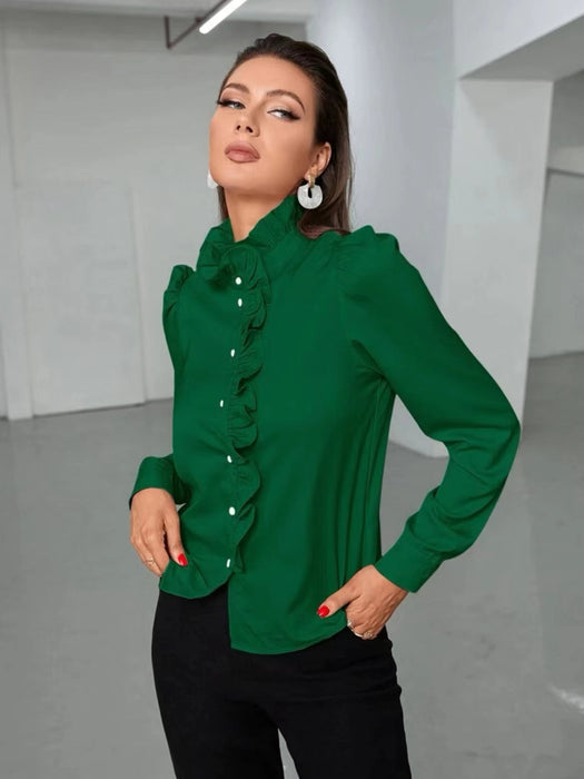 Color-Green-Women Shirt Autumn High Grade Acetate Fabric Shirt Half Sleeve Ruffled Straight Women Top-Fancey Boutique