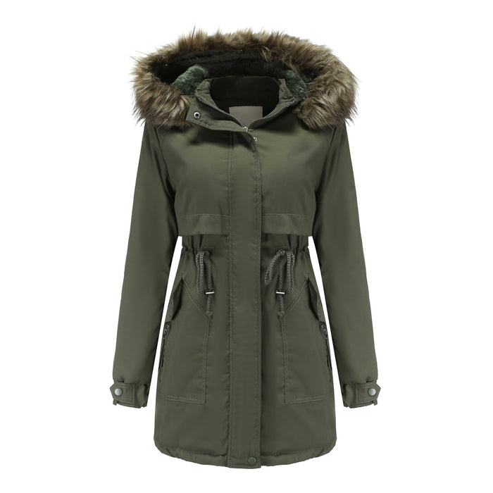 Color-Army Green-Women Cotton Padded Coat Detachable Fur Collar Detachable Hat Quilted Parka Women-Fancey Boutique