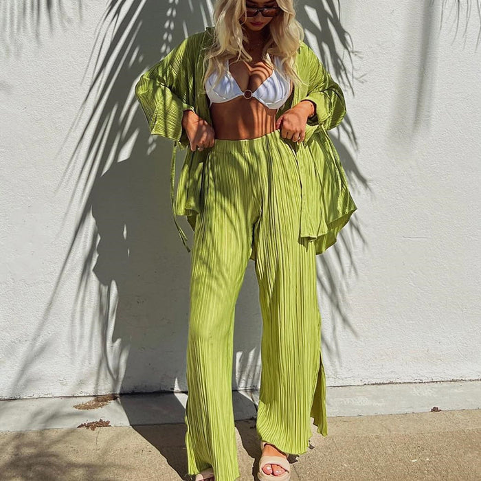 Color-Green-Women Clothing Spring Summer Suit Pleated Shirt Long Sleeve Collared Cardigan Split Pajamas Two Piece Suit-Fancey Boutique