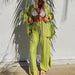 Color-Green-Women Clothing Spring Summer Suit Pleated Shirt Long Sleeve Collared Cardigan Split Pajamas Two Piece Suit-Fancey Boutique
