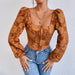 Color-Brown-Autumn Street Embroidery Embroidery Retro Vest Breasted Backless Long Sleeves Top-Fancey Boutique