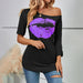 Color-Lip Printings Short Sleeved T shirt Women off Shoulder Irregular Asymmetric Sleeve Length Slim Top Summer-Fancey Boutique