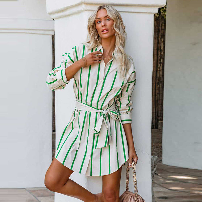 Color-Spring Summer Fashion Striped Printed Long Sleeves Lace up Casual Shirt Dress Women-Fancey Boutique