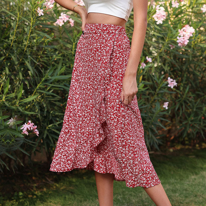 Color-Summer Floral Skirt Red Printed Irregular Asymmetric Skirt-Fancey Boutique