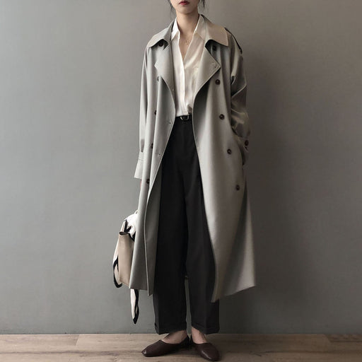 Color-Long Trench Coat for Women Autumn Korean Elegant Loose Waist Tight Slimming Casual Coat for Women-Fancey Boutique