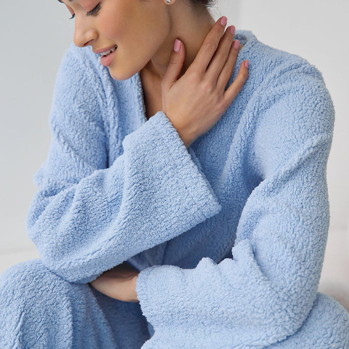 Color-Blue Woolen Comfortable Warm Long Sleeves Pajamas Two Piece Set Exclusive for Ladies Homewear-Fancey Boutique