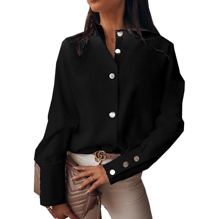 Color-Black-Spring Women Clothing Shirt Button Solid Color Office round Neck Shirt-Fancey Boutique