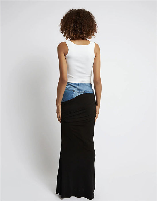 Color-Modern Deconstruction High Waist Skirt Women Spring Black Color Pleats Stitching Design Long Denim Skirt-Fancey Boutique