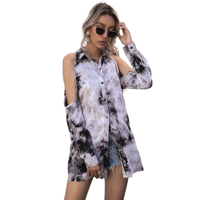 Color-Polo Collar Cardigan Long Sleeve Off Shoulder Middle East Tie Dyed Chiffon Fashionable Shirt Hollowed Women Summer-Fancey Boutique