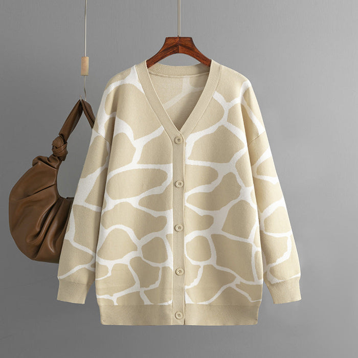 Color-Women Clothes Autumn Winter Jacquard Sweater V neck Long Line Pattern Baggy Coat-Fancey Boutique