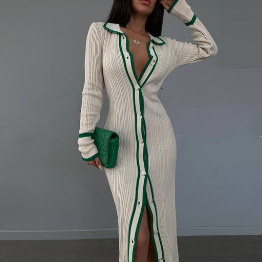 Color-Green-Slim Collared Patchwork Women Long Sleeved Cardigan Dress-Fancey Boutique