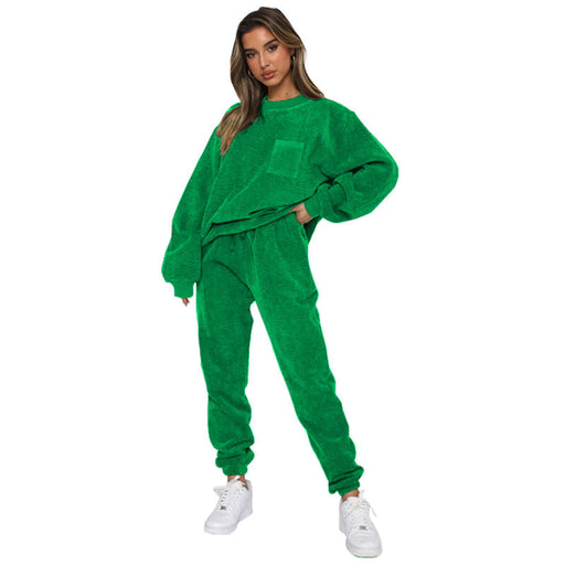 Color-Green-Autumn Winter Corduroy Solid Color round Neck Pullover Long Sleeve Two Piece Set Smart Trousers Suit Women-Fancey Boutique