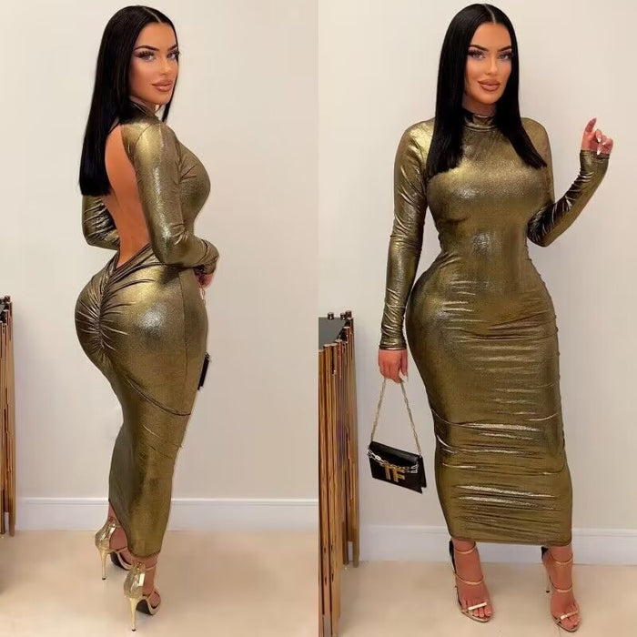 Color-Summer Solid Color Metallic Coated Fabric Round Neck Long Sleeve Narrow Backless Long Glossy Dress-Fancey Boutique