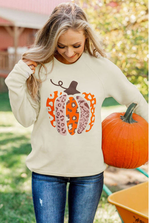 Color-Beige-Halloween Pumpkin Printed Long Sleeved Top Female Casual Hoodless Sweater-Fancey Boutique