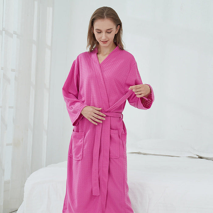 Color-Rose Red Waffle (Unisex)-Sauna Clothes Women Thin Robe Long Couple Home Wear Hotel Bathrobe-Fancey Boutique