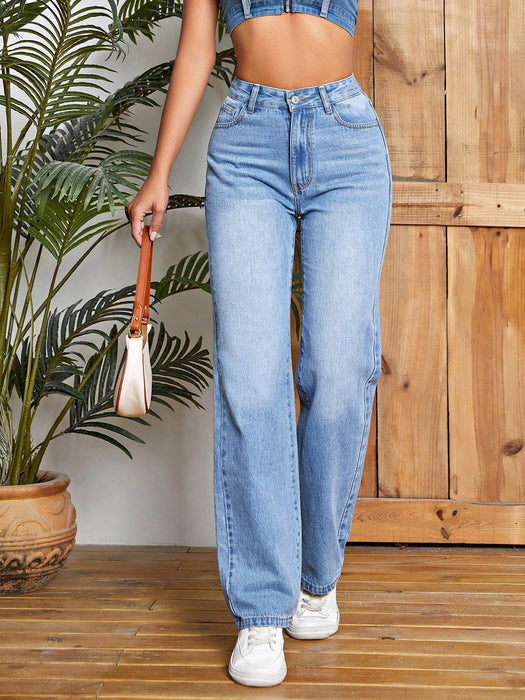 Color-Women Clothing Trendy Thin Looking Casual High Waist Loose Denim Trousers Pocket-Fancey Boutique