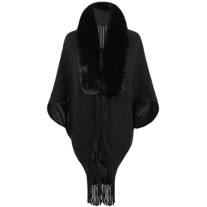 Color-Black-Autumn Winter Fur Collar Tassel Shawl Women Knitted Cape Coat-Fancey Boutique