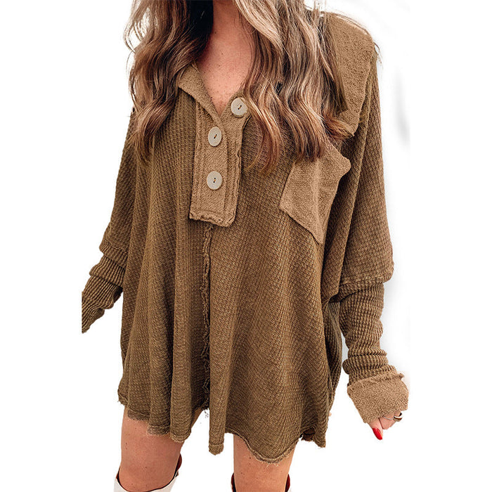 Color-Brown-Brown Mineral Dyed Vintage Waffle Smock Top Women Loose All Match T shirt-Fancey Boutique