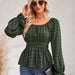 Color-Army Green-Autumn Winter Casual Women Clothing Round Neck Waist Trimming Solid Color Ruffle Sleeve Top Women-Fancey Boutique