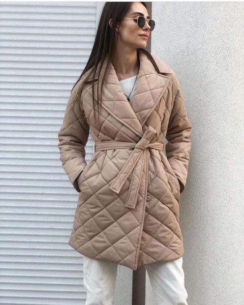 Color-Rhombus Cotton Padded Mid-Length Collared Autumn Winter Street Women Coat Waist-Controlled Pocket Cotton Padded Coat for Women-Fancey Boutique