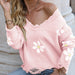 Color-Pink-Autumn Winter Ripped Long Sleeves Loose Sweater Little Floral V-neck Pullover Sweater-Fancey Boutique