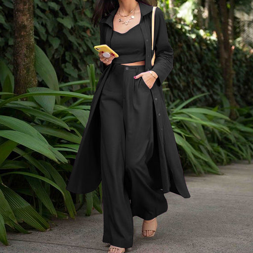 Color-Black-Fall Casual Trench Coat Wide Leg Pants Women Clothing Three-Piece Suit-Fancey Boutique
