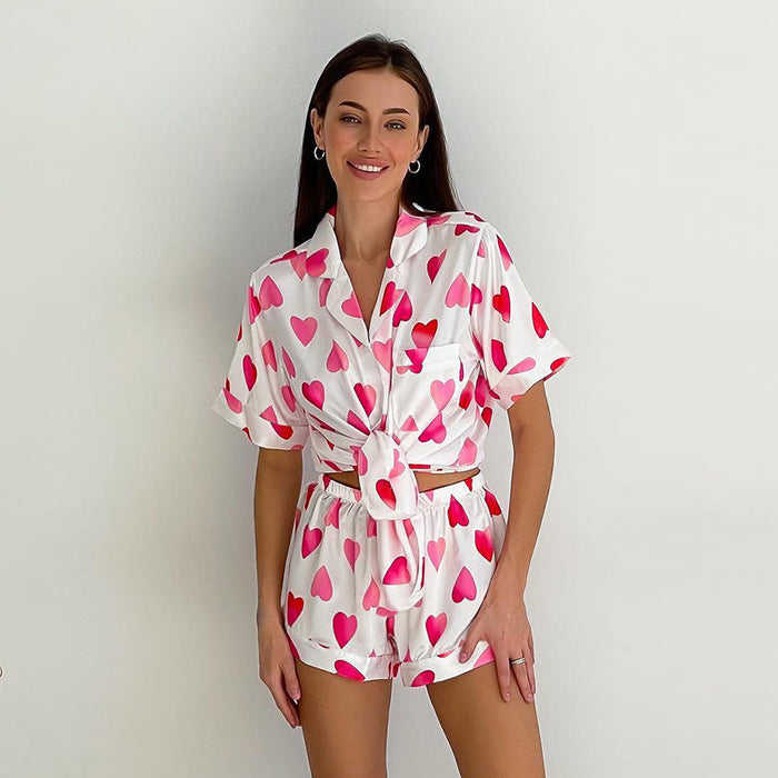 Color-Heart Printing Pajamas Women Summer Short Sleeve Shorts Suit Loose Ice Silk Home Wear-Fancey Boutique