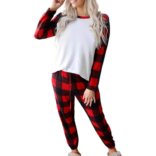 Color-Red-Winter Long Sleeve Home Wear Women Plaid round Neck Christmas Loose Casual Suit-Fancey Boutique