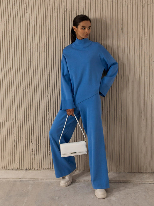 Color-Blue Suit-Autumn Winter Comfortable Turtleneck Asymmetric Hem Wide Leg Trousers Suit-Fancey Boutique
