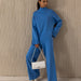 Color-Blue Suit-Autumn Winter Comfortable Turtleneck Asymmetric Hem Wide Leg Trousers Suit-Fancey Boutique