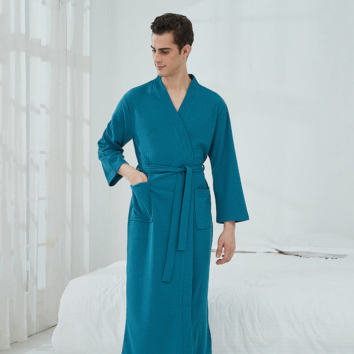 Color-Spruce Green Waffle (Unisex)-Sauna Clothes Women Thin Robe Long Couple Home Wear Hotel Bathrobe-Fancey Boutique