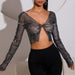 Color-Black-Women Clothing Grid Rhinestone Fishnet Top Sexy Tight Cardigan Fishnet Long Sleeve T shirt Sexy Top-Fancey Boutique