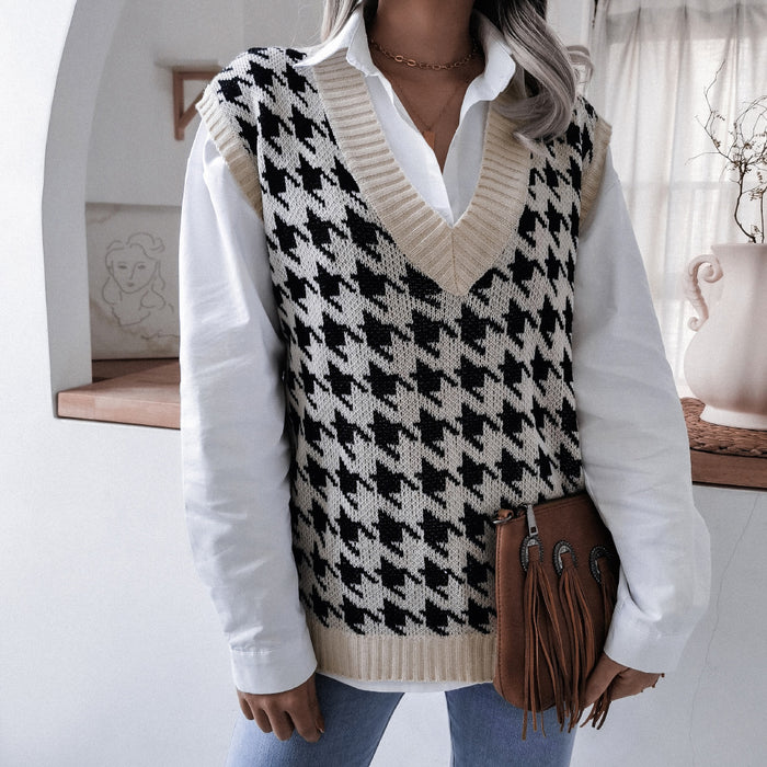 Color-Autumn Winter V-neck Houndstooth Casual Loose Knitted Vest Sweater Waistcoat Women Clothing-Fancey Boutique
