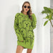 Color-Green-Cute Bear Jacquard Long Sleeve Sweater Dress Women Knitted Dress Loose Autumn Winter Women Clothing-Fancey Boutique