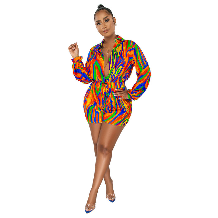 Color-Orange-Women Clothing Fall Winter Printed Shirt Collar Casual Jumpsuit-Fancey Boutique