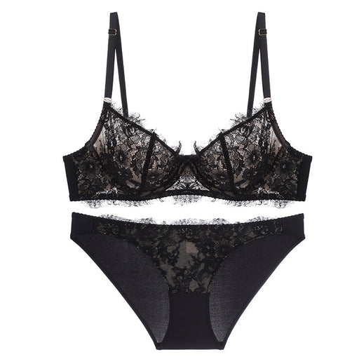 Color-Black-French Ultra-Thin Soft Lace Breathable Sexy Women Bra Panties Set Push Up Big Breasts Contrast Bra-Fancey Boutique