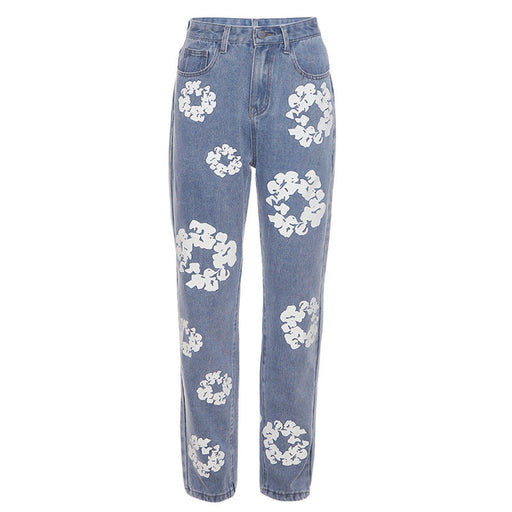 Color-Blue-Autumn Winter Women Clothing Street Daisy Printed High Waist Straight Slim Jeans-Fancey Boutique