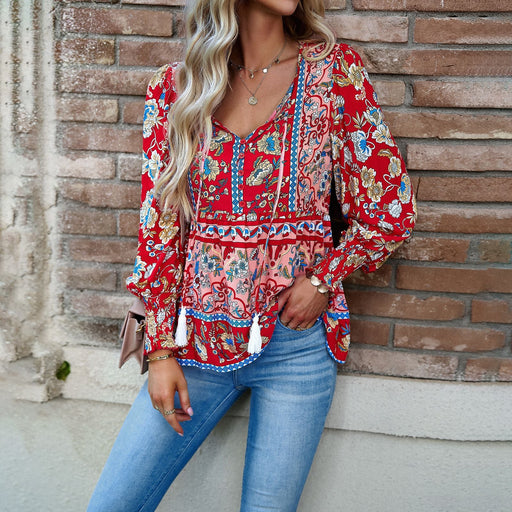 Color-Red-Women Clothing Autumn Bohemian Casual Rayon Printed Long Sleeved Shirt Women-Fancey Boutique