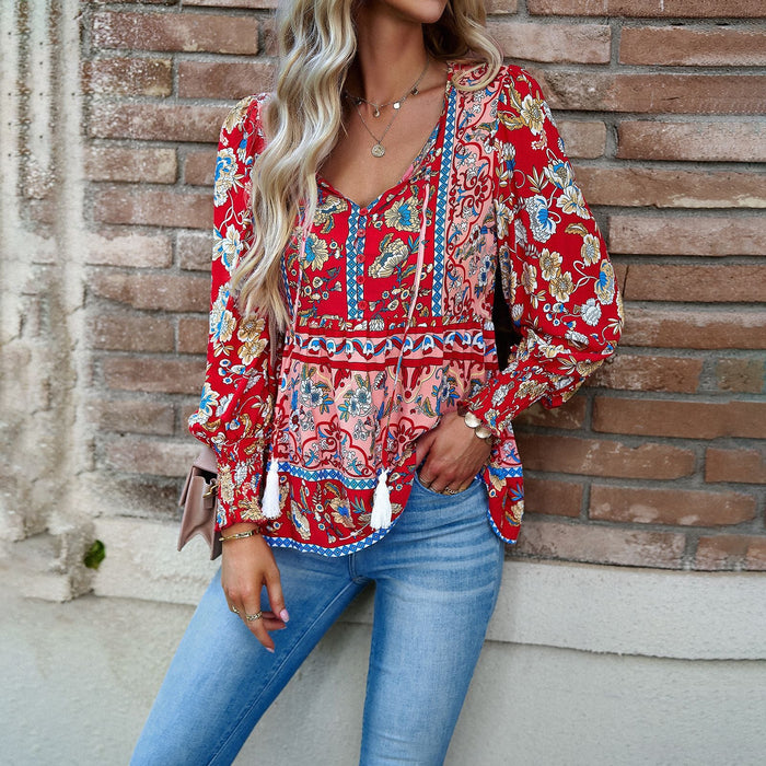 Color-Red-Women Clothing Autumn Bohemian Casual Rayon Printed Long Sleeved Shirt Women-Fancey Boutique