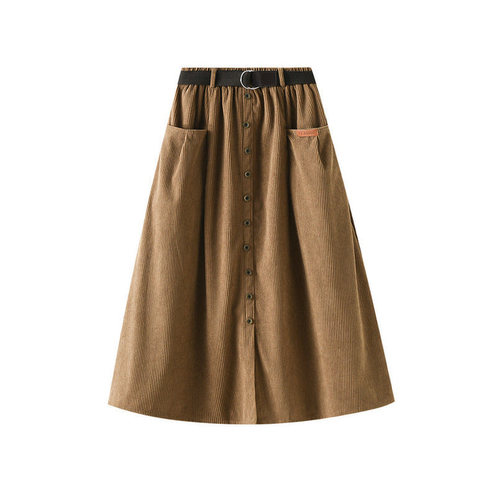 Color-Corduroy Skirt for Women Mid Length High Waist A line Sheath Skirt Autumn with Belt-Fancey Boutique