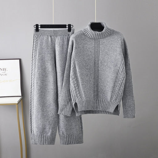 Color-Turtleneck Pullover Thickened Knitting Sweater Casual Set Women Autumn Winter Loose Idle Wide Leg Pants Two Piece Set-Fancey Boutique