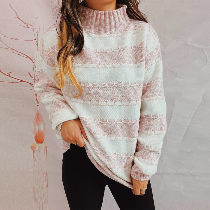 Color-Autumn Winter Chenille Half Turtleneck Contrast Color Striped Knitted Pullover Thickened Sweater-Fancey Boutique