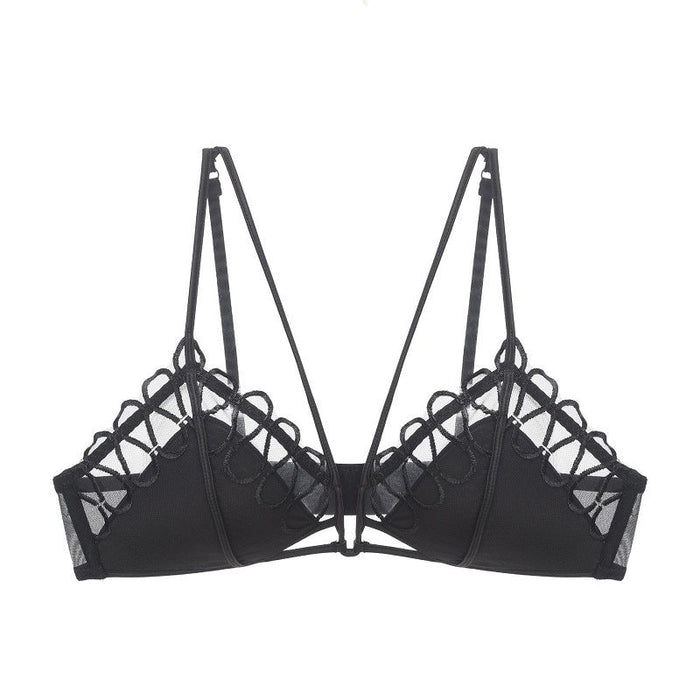 Color-Black-French Mesh Embroidered Underwear Women Thin Section Without Steel Ring Triangle Cup Sexy Bra Set Bralette-Fancey Boutique