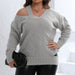 Color-Women Autumn Winter Pullover Top plus Size Women Clothes Personalized off Shoulder Woven Sweater V neck Sweater-Fancey Boutique