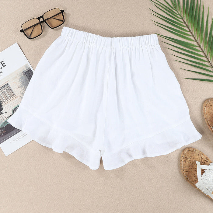 Color-Solid Color Loose Pockets Casual Pants Summer Ruffled Hem Short Shorts Women-Fancey Boutique