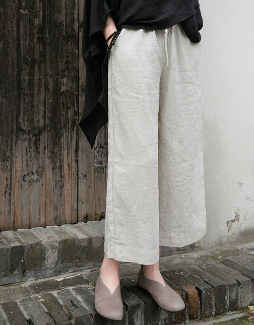 Color-Linen-Spring Summer Cotton Linen Women Artistic Washed Lace up Linen Casual Straight Through Cropped Pants Women Cotton Linen Wide Leg Pants-Fancey Boutique