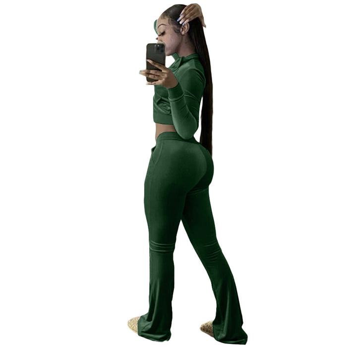 Color-blackish green-Women Clothing Two-Piece Korean Velvet Solid Color Long Sleeve Sexy cropped Casual Sports Suit-Fancey Boutique