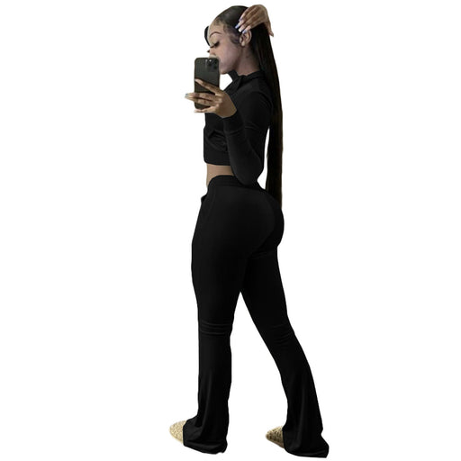 Color-Black-Women Clothing Two-Piece Korean Velvet Solid Color Long Sleeve Sexy cropped Casual Sports Suit-Fancey Boutique